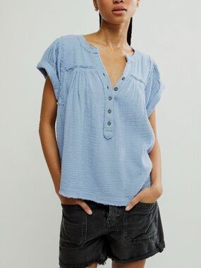 Free People Horizons Double Cloth Top in Blue Heron